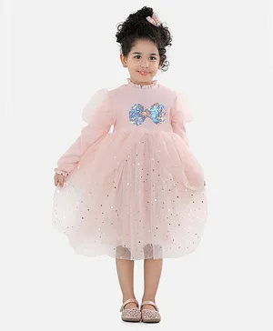 WhiteHenz Clothing Full Sleeves Pleated Sequin Bow Embellished Star Foil Print Party Dress - Peach