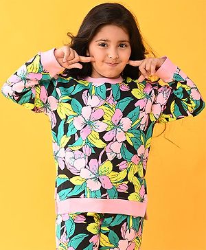 Anthrilo Full Sleeves Seamless Tropical Flowers & Leaves Printed Fleece Sweatshirt - Black