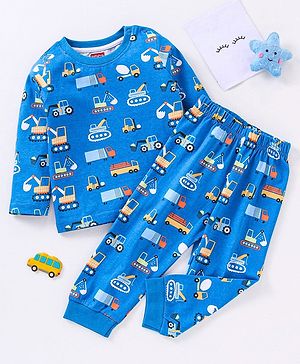 Babyhug Full Sleeves Nightwear Pajama Set Truck Print - Navy Blue