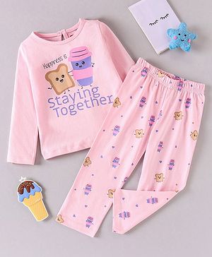 Babyhug 100% Cotton Full Sleeves Night Suit Text Print - Pink
