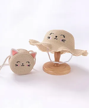 Babyhug Straw Hat With Bow & Purse - Brown & Pink