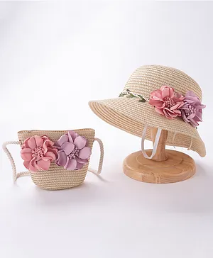 Babyhug Straw Hat With Flower & Purse - Beige
