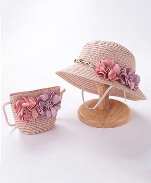 Babyhug Straw Hat With Flower & Purse - Pink