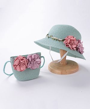 Babyhug Straw Hat With Flower & Purse - Blue