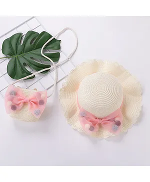 Babyhug Straw Hat With Bow & Purse - Cream