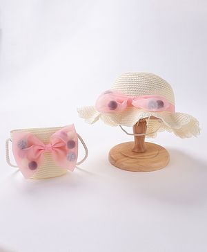 Babyhug Straw Hat With Bow & Purse - Cream