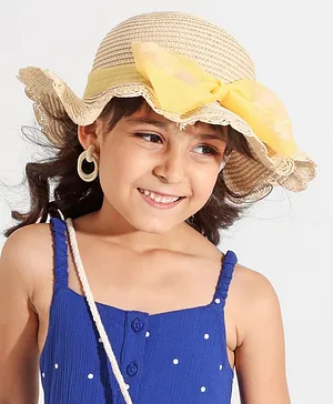 Babyhug Straw Hat With Bow & Purse - Beige