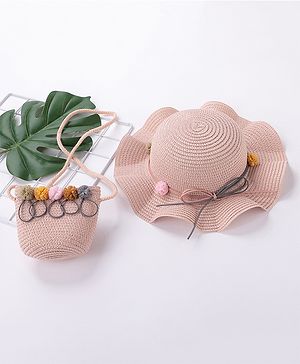 Babyhug Straw Hat With Pom Pom Applique & Purse - Pink