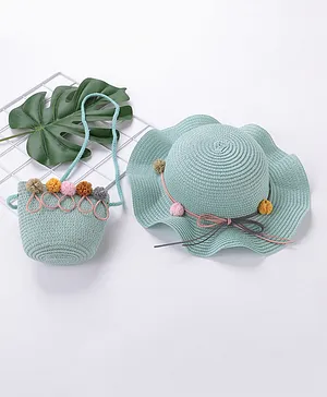 Babyhug Straw Hat With With Pom Pom Applique & Purse - Light Blue