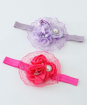 Babyhug Flower With Pearl Applique Headbands Pack Of 2  - Dark Pink & Purple