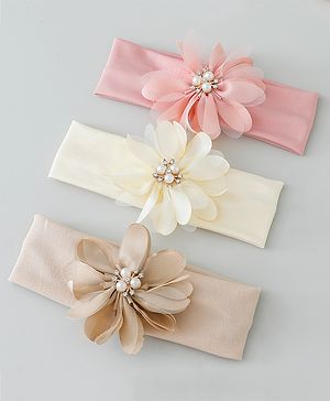 Babyhug Headbands with Flower Applique Free Size Pack of 3 - Peach & White