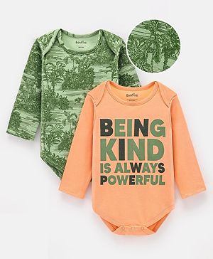 Bonfino Cotton Knit Full Sleeves Onesies Text & Trees Print Pack of 2 - Green & Ivory