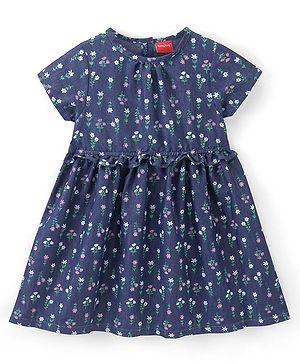 Babyhug 100% Cotton Half Sleeves Floral Print Denim Frock - Blue