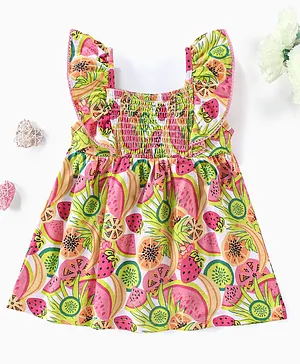 Babyhug 100% Cotton Knit Frill Sleeves Frock Fruits Print - Green Pink