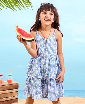 Babyhug Rayon Singlet Woven Checks Frock Floral Print With Headband - Blue