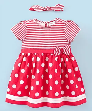 Babyhug 100% Cotton Short Sleeves Frock Polka Dot Print with Headband - Red