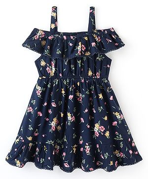 Babyhug 100% Viscose Rayon Singlet Cold Shoulder Floral Print Frock - Navy Blue