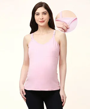 Bella Mama Cotton Elastane Solid Maternity Camisole with lace - Pink