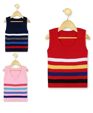 KNITCO Pack Of 3 Striped Vest Sweaters - Red Pink Navy Blue