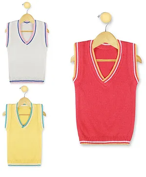 KNITCO Pack Of 3 Solid Vest Sweaters - Off White Yellow & Red