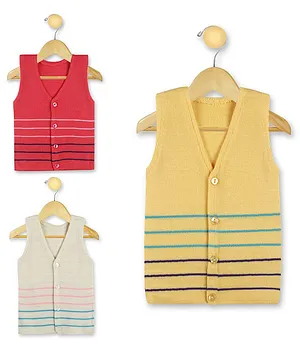 KNITCO Pack Of 3 Striped Vest Sweaters - Pink Red Yellow