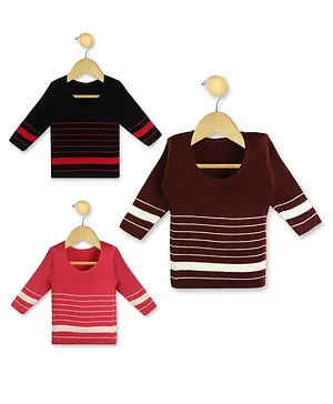 KNITCO Pack Of 3 Full Sleeves Striped Sweaters - Black Pink Maroon