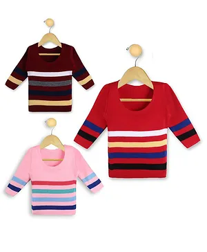 KNITCO Pack Of 3 Full Sleeves Striped Sweaters - Red Pink Maroon