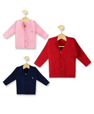 KNITCO Pack Of 3 Full Sleeves Solid Sweaters - Navy Pink Red