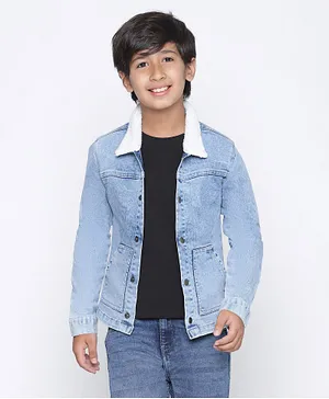SpyBy Full Sleeves Solid Washed Denim Fur Lined Jacket - Blue