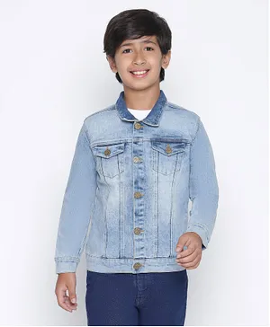 SpyBy Full Sleeves Solid Washed Denim Jacket - Blue