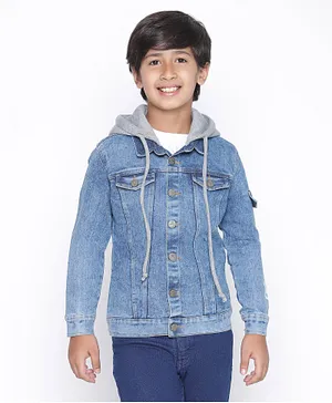 SpyBy Full Sleeves Solid Washed Denim Hooded Jacket - Blue