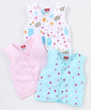 Babyhug 100% Cotton Woven Sleeveless Jhabla Heart Print Pack Of 3 - White & Blue