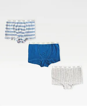 haus & kinder Pack Of 3 Solid & Triple Striped With Graph Checked Boxers - Blue White & Grey