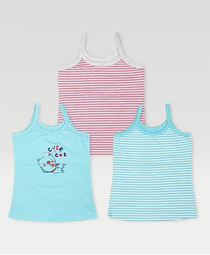 haus & kinder Pack Of 3 Sleeveless Rugby Striped & Cat Printed Camisoles - Blue & Pink