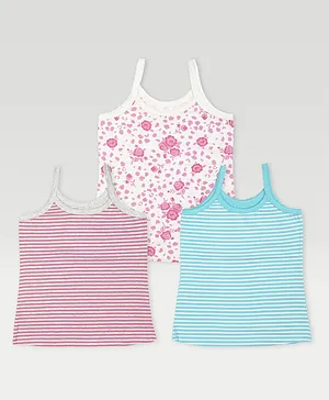 haus & kinder Pack Of 3 Sleeveless Rugby Striped & Flower Printed Camisoles - White Blue & Pink