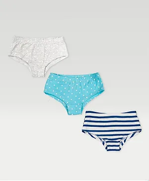 haus & kinder Premium Cotton  Pack Of 3 Polka Dots Printed & Striped Hipster Briefs - Blue  White & Grey