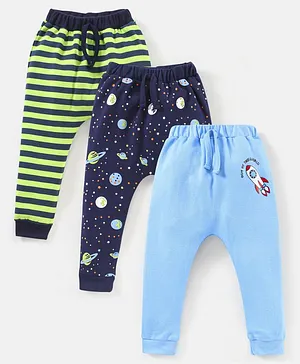 Babyhug Cotton Full Length Diaper Leggings Space & Stripes Print Pack of 3- Blue & Green