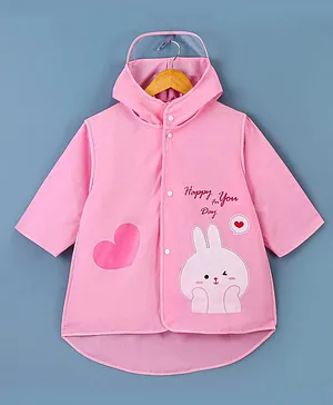 Babyhug Three Forth Sleeves Hooded Raincoat Bunny Print - Pink