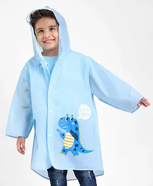Babyhug Three Forth Sleeves Hooded Raincoat Little Dino Print - Blue