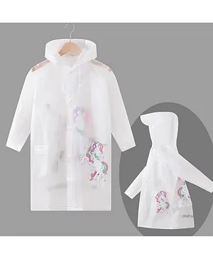 Babyhug Full Sleeves Hooded Raincoat Unicorn Print - White