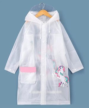 Babyhug Full Sleeves Hooded Raincoat Unicorn Print - White