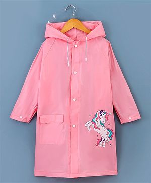 Babyhug Full Sleeves Hooded Raincoat Unicorn Print - Pink