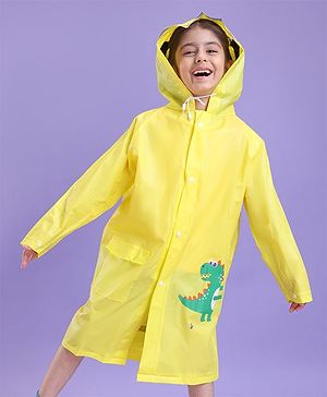 Babyhug Full Sleeves Hooded Raincoat Dino Print - Yellow
