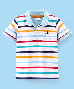 Babyhug Cotton Half Sleeves Striped Polo T-Shirt- White & Blue