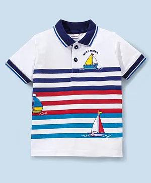 Babyhug Cotton Knit Half Sleeves Polo T-Shirt Yacht Print - White Blue