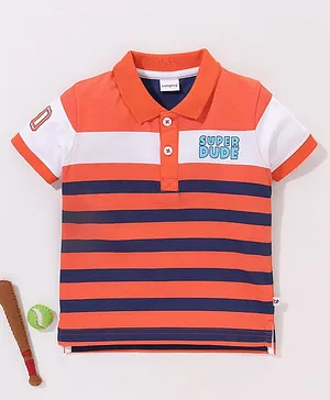 Babyhug Cotton Knit Half Sleeves Polo T-Shirt Stripes  - Navy Orange