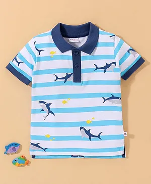 Babyhug Cotton Knit Half Sleeves Polo T-Shirt Shark Print - Blue White