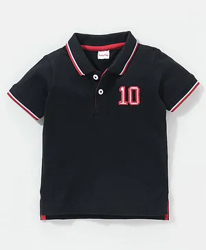 Babyhug Cotton Half Sleeves Embroidered Polo T-shirt - Black