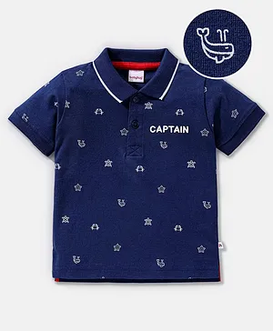Babyhug Cotton Knit Half Sleeves Polo T-Shirt Sea Animals Print - Navy Blue