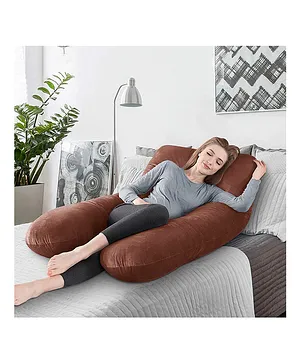 Hiputee Ultra Soft Velvet Fabric U Shaped Maternity Pregnancy Pillow Support Body Pillow with Zippered Cover - Brown